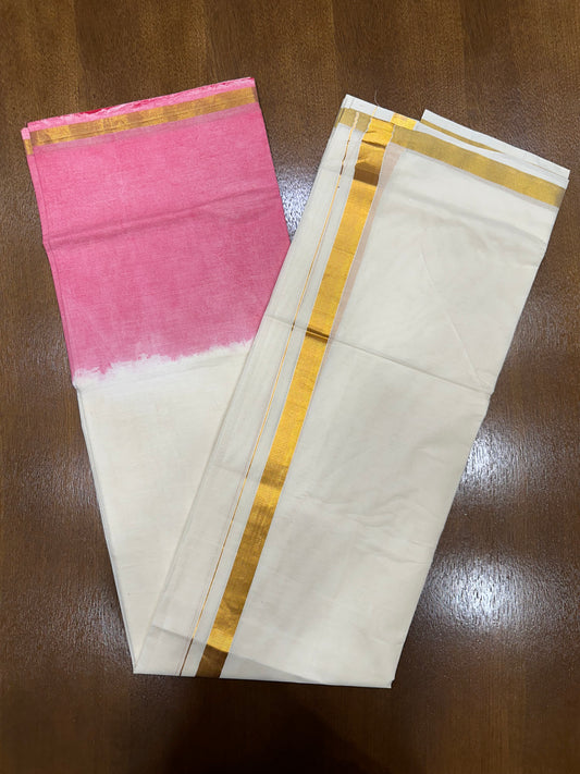 Southloom Tie & Dye - Half & Half  Multi Colour Pink Design Cotton Kerala Double Mundu with Kasavu Border (South Indian Kerala Dhoti)