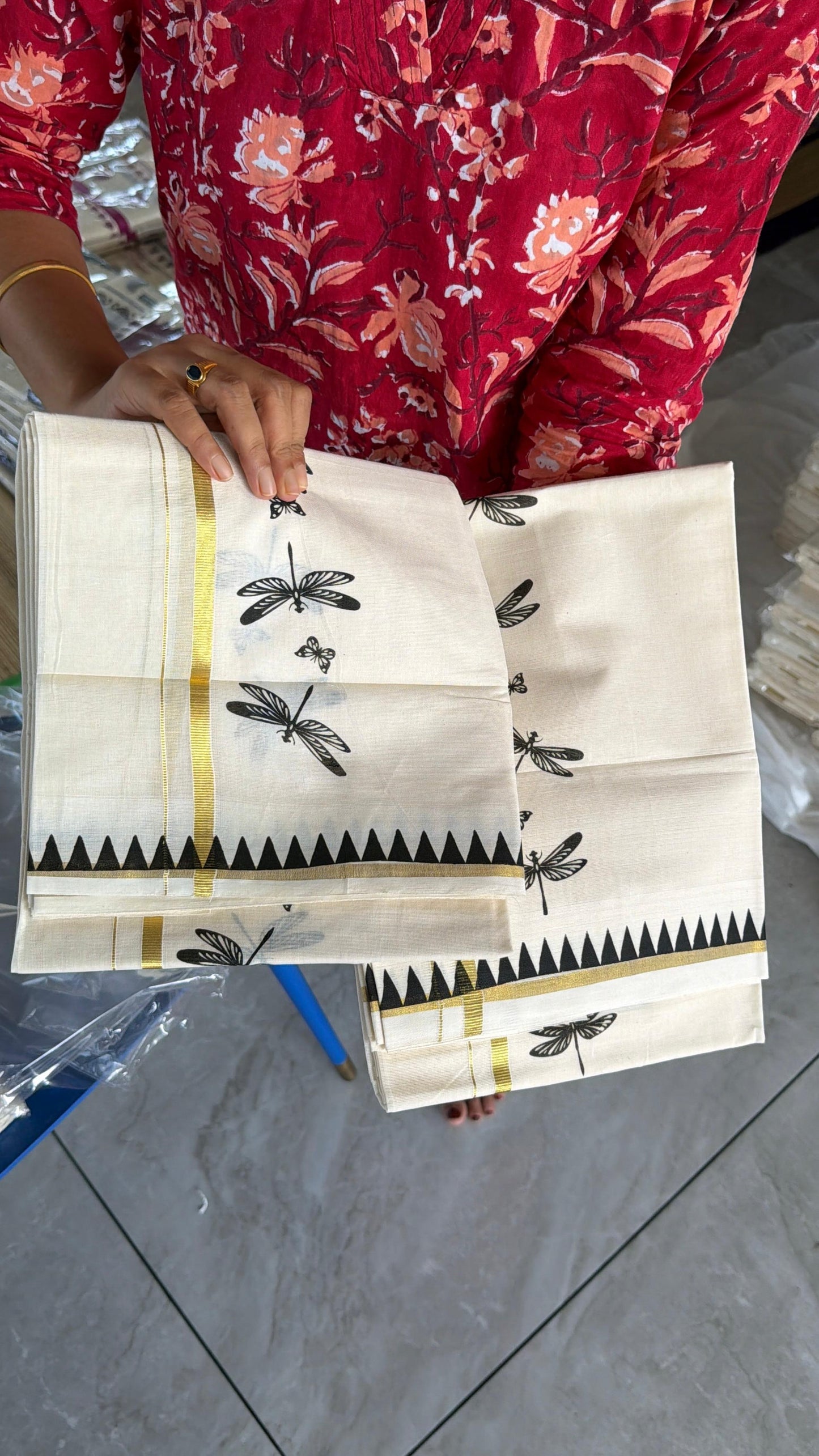 Cotton Thumbi Temple Print Set Mundu SL151 (2.80 Neriyathu)
