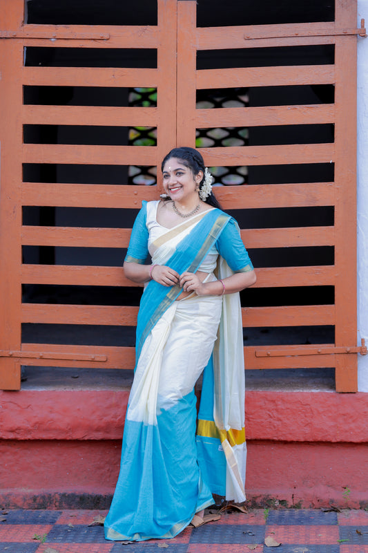 Southloom Tie and Dye Multi Colour Blue Kasavu Saree