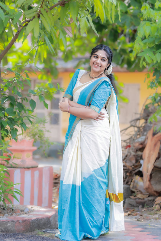 Southloom Tie and Dye Multi Colour Blue Kasavu Saree