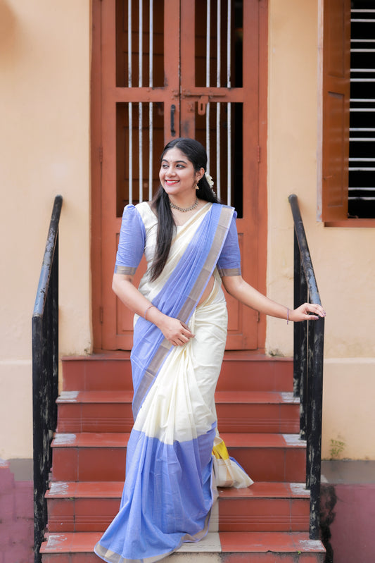 Southloom Tie and Dye Multi Colour Violet Kasavu Saree (Onam 2024 Collection)