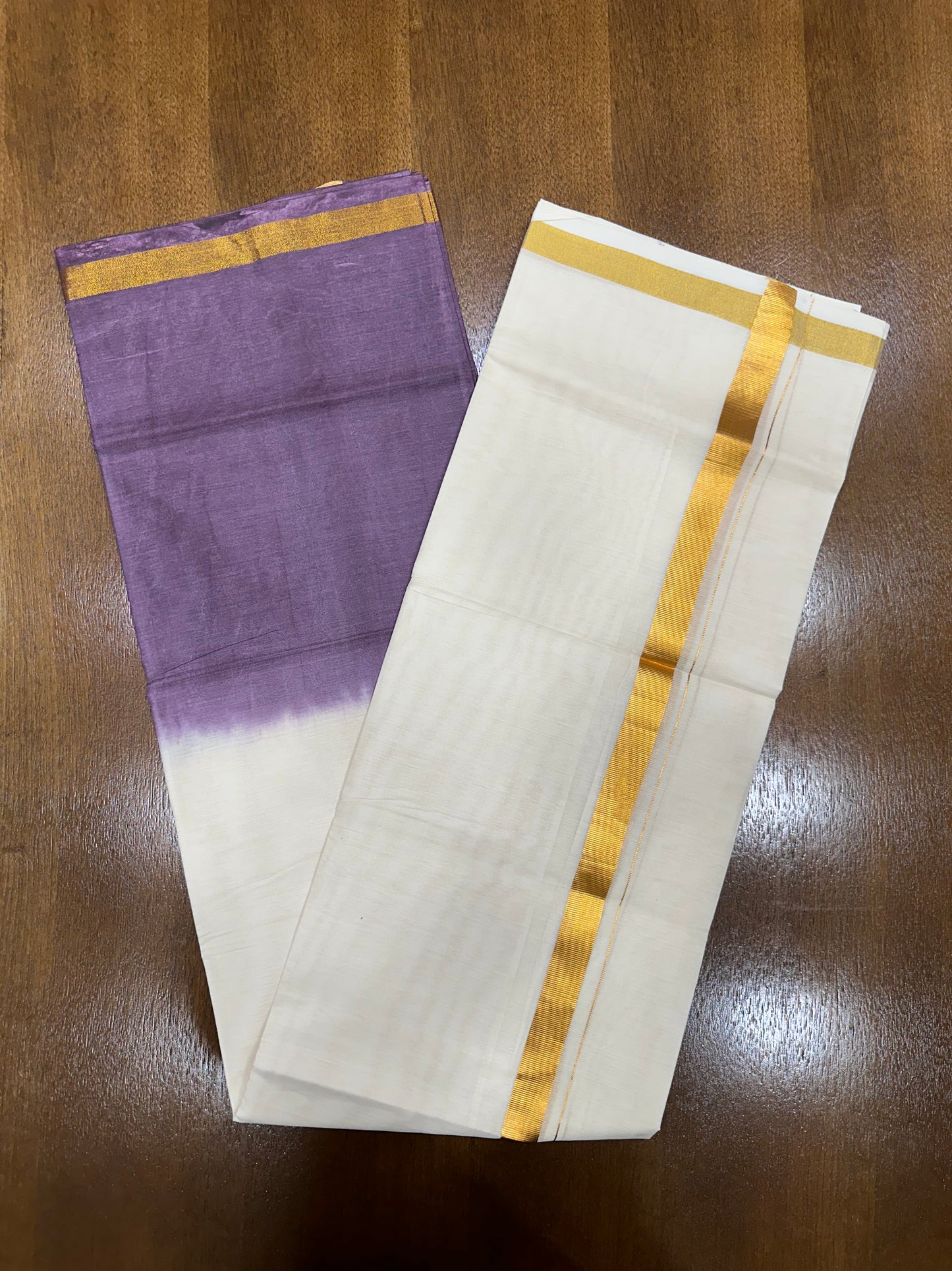 Southloom Tie & Dye - Half & Half  Multi Colour Purple Design Cotton Kerala Double Mundu with Kasavu Border (South Indian Kerala Dhoti)