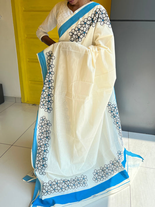 Kerala Cotton Saree With Blue Floral SLfloral