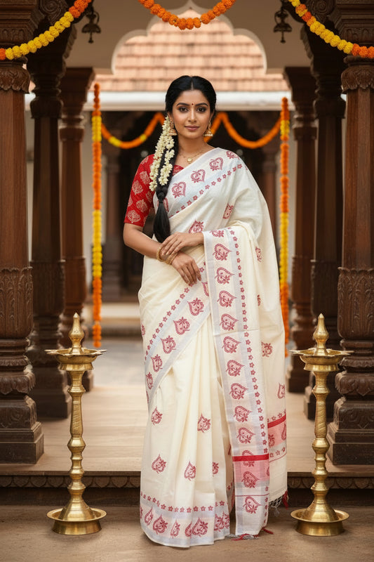 Kerala Cotton Red Colour Printed Saree SL178