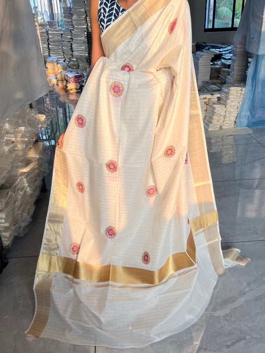 Kerala Cotton Lines saree with Pink Floral Embroidery SL314