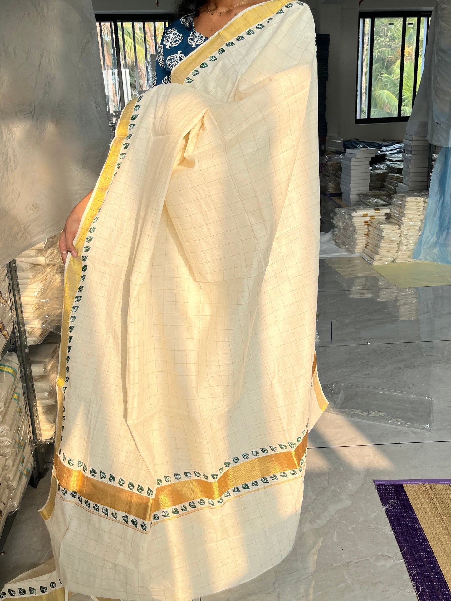 Kerala Cotton Check Printed Saree Without Tassels SL165