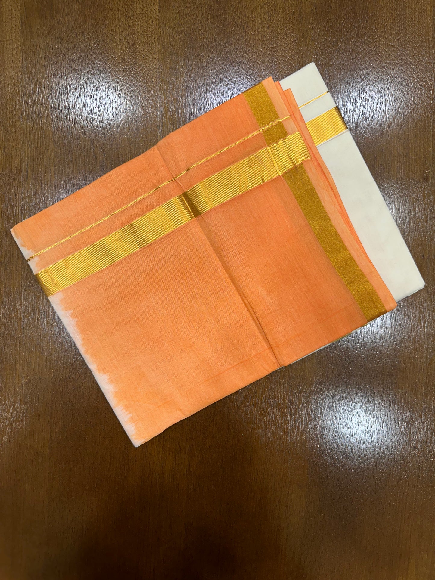 Southloom Tie & Dye - Half & Half  Multi Colour Orange Design Cotton Kerala Double Mundu with Kasavu Border (South Indian Kerala Dhoti)