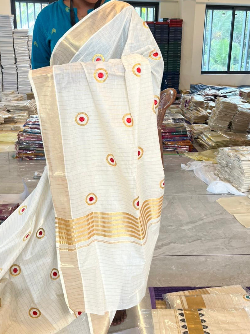 Kerala Cotton Lines Saree With Red Polka SL162