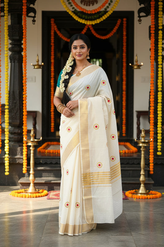 Kerala Cotton Lines Saree With Red Polka SL162