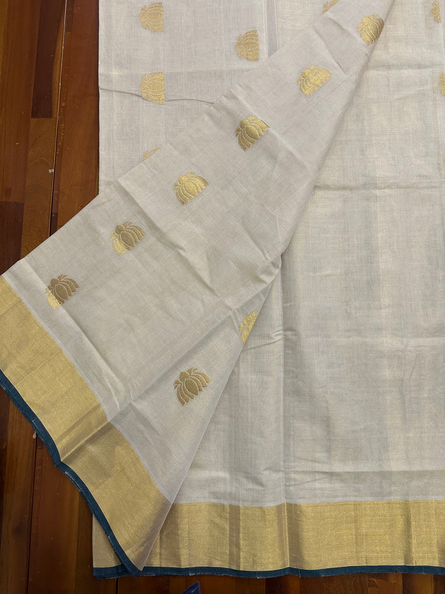 Southloom Premium Handloom Tissue Kasavu Saree with Green, Gold and Maroon Lotus Woven Designs