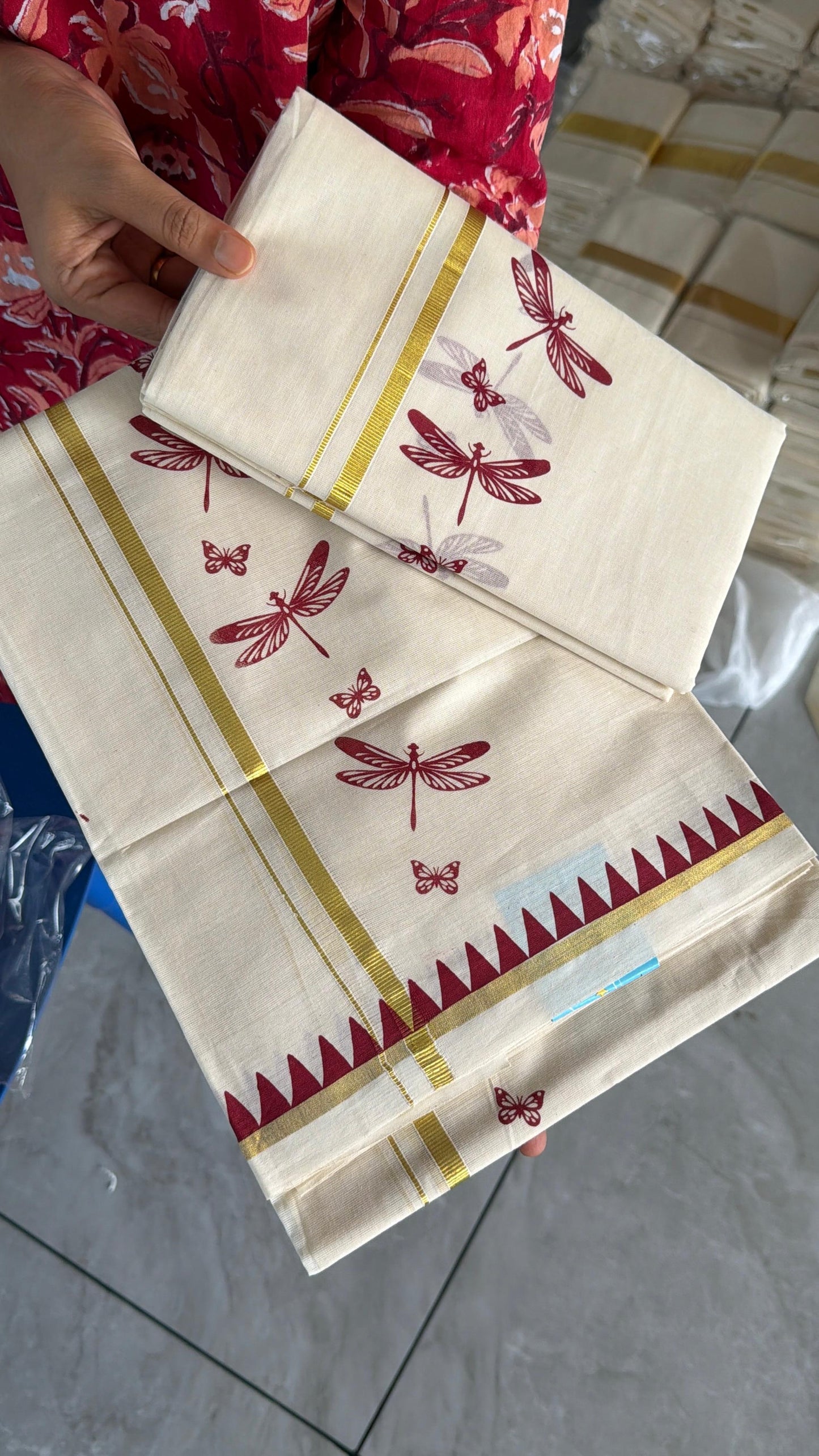 Cotton Thumbi Temple Print Set Mundu SL151 (2.80 Neriyathu)