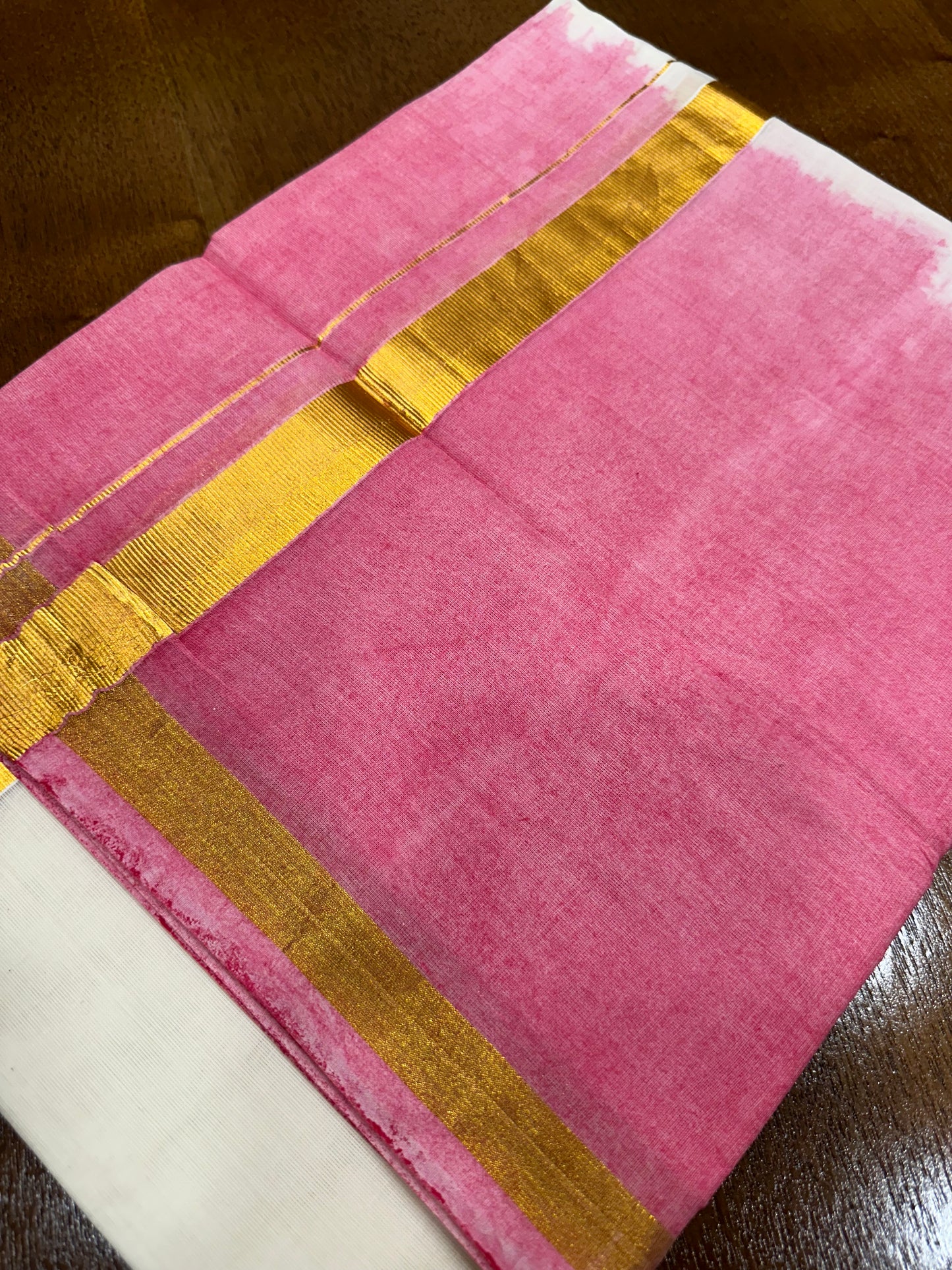 Southloom Tie & Dye - Half & Half  Multi Colour Pink Design Cotton Kerala Double Mundu with Kasavu Border (South Indian Kerala Dhoti)