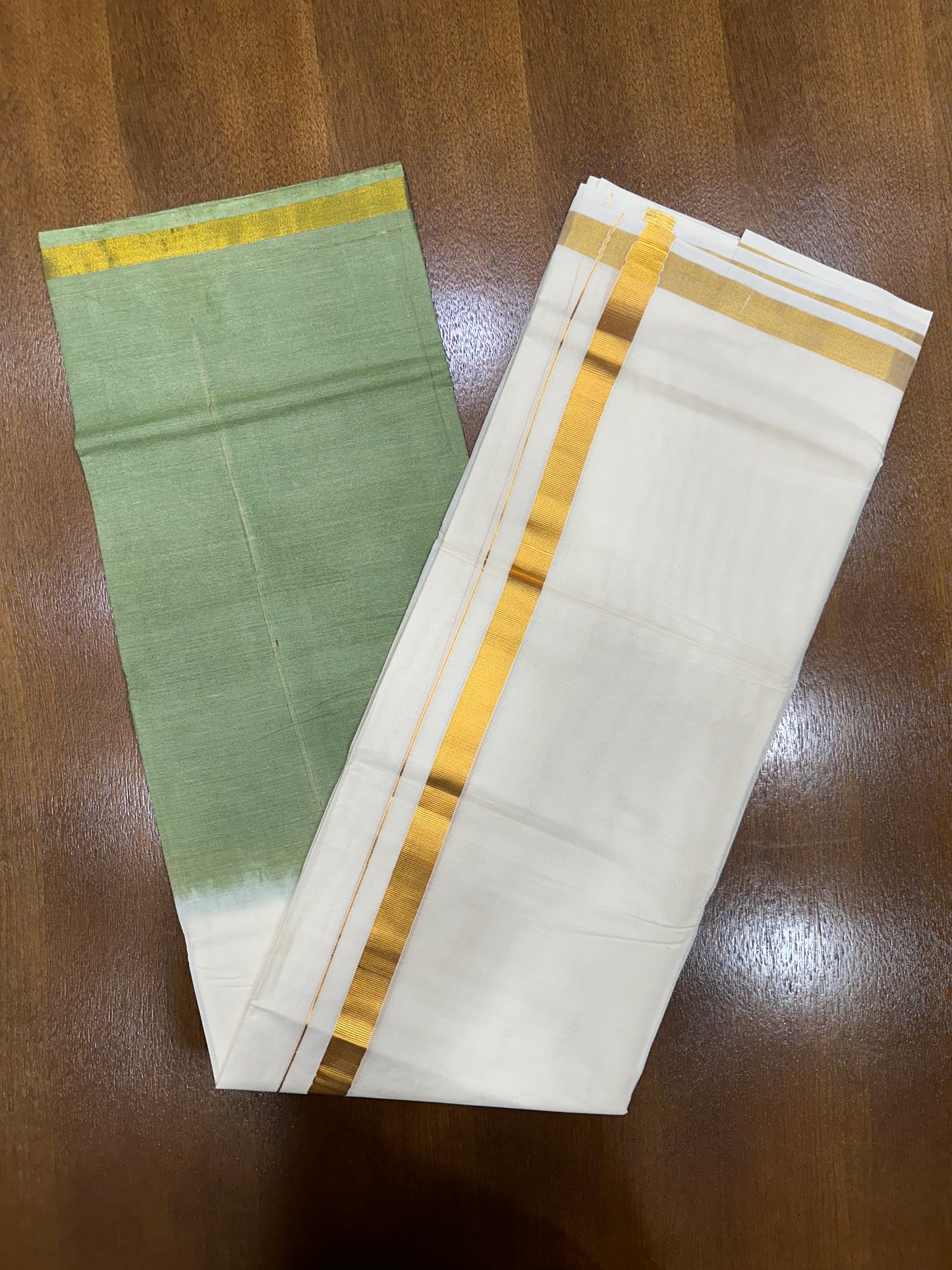 Southloom Tie & Dye - Half & Half  Multi Colour Olive Green Design Cotton Kerala Double Mundu with Kasavu Border (South Indian Kerala Dhoti)