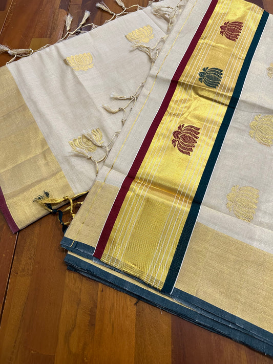 Southloom Premium Handloom Tissue Kasavu Saree with Green, Gold and Maroon Lotus Woven Designs