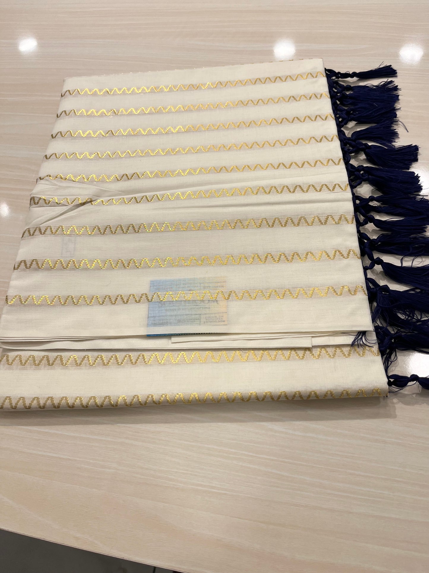 Kerala Cotton Saree With Navy Blue Tassels SL131