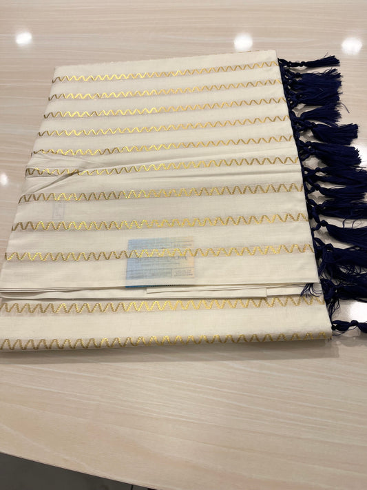 Kerala Cotton Saree With Navy Blue Tassels SL131