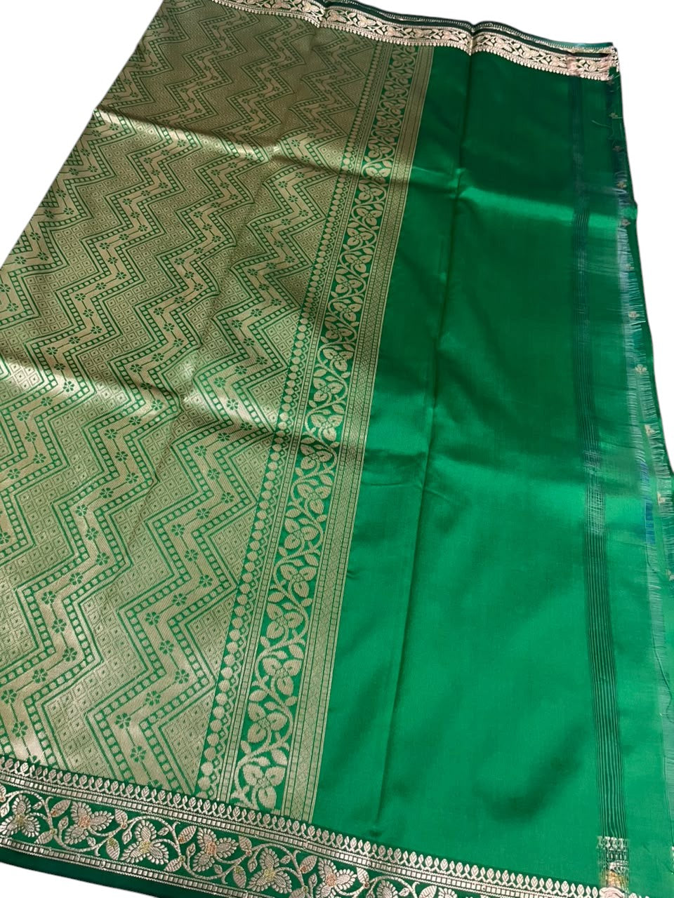 Southloom Satin Banarasi Silk Saree with Woven Work on Body and Borders In Green