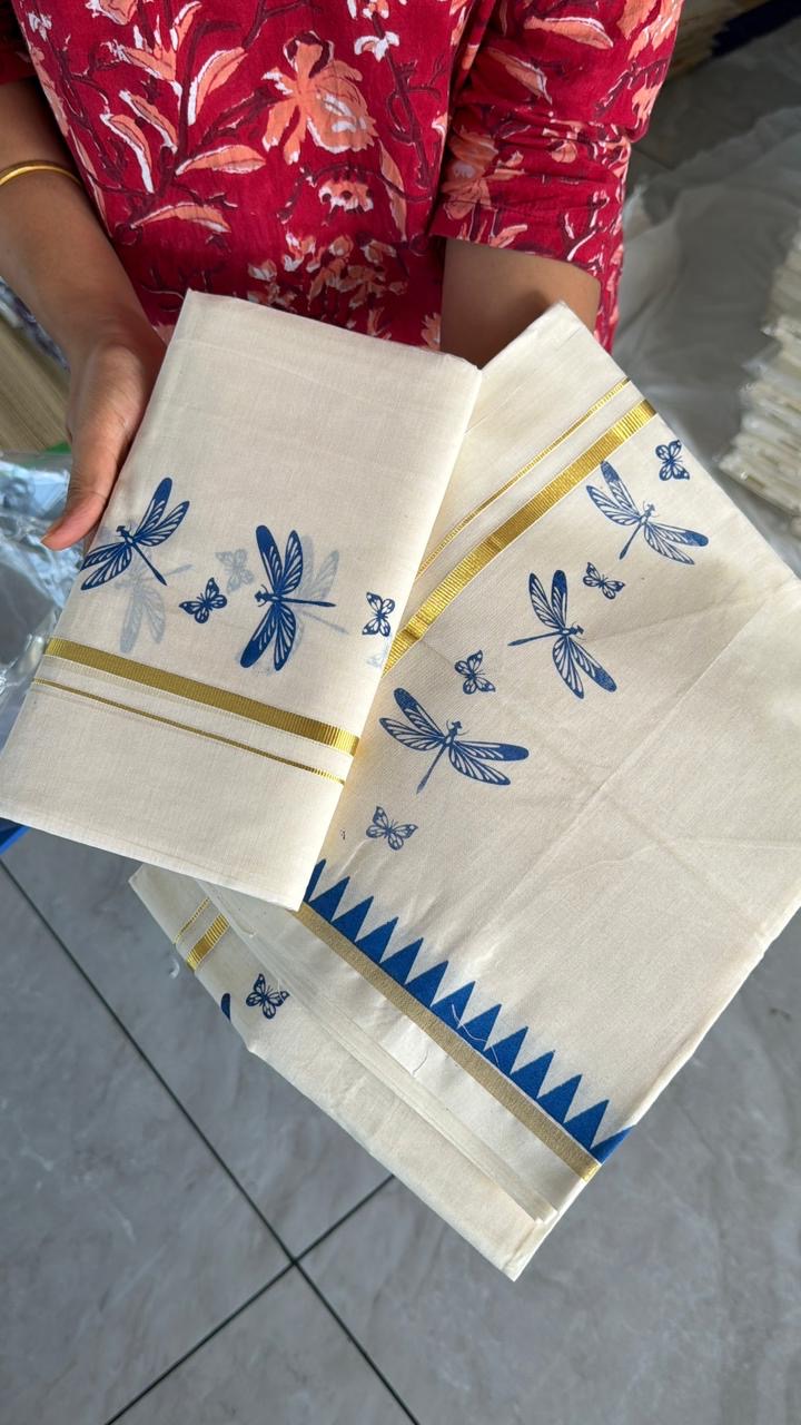 Cotton Thumbi Temple Print Set Mundu SL151 (2.80 Neriyathu)
