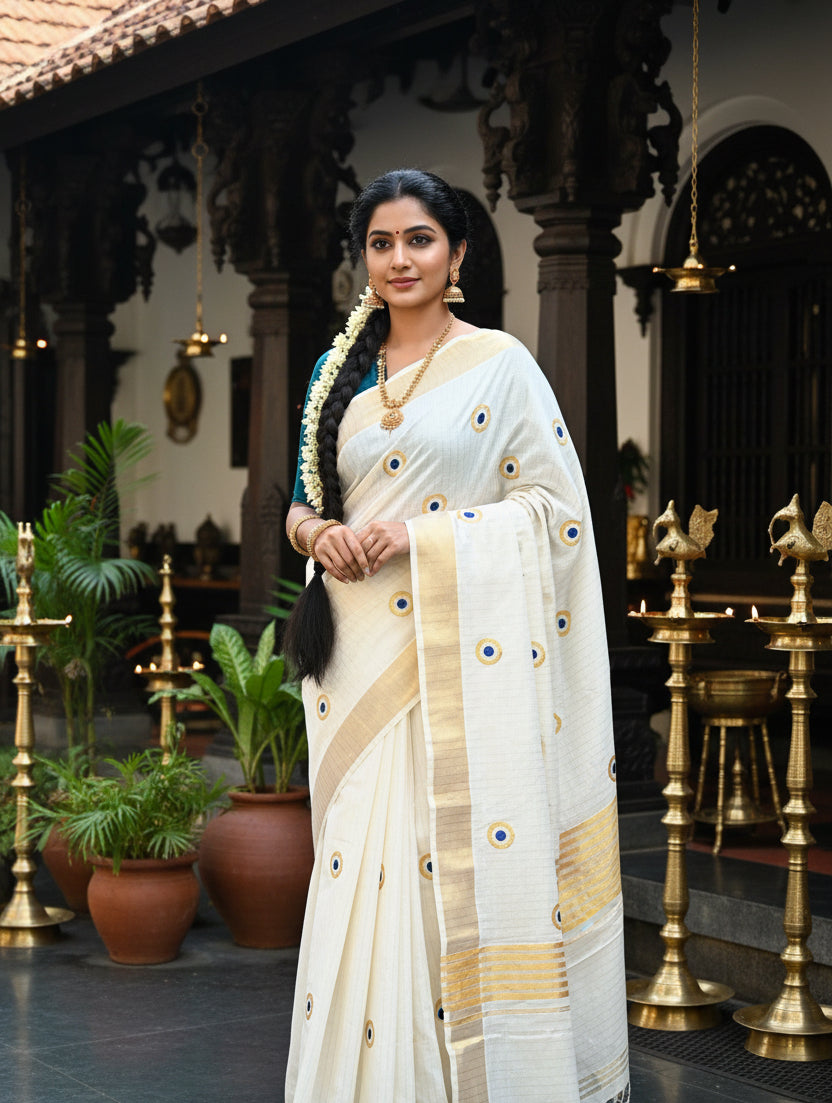 Kerala Cotton Lines Saree With Blue Polka SL162
