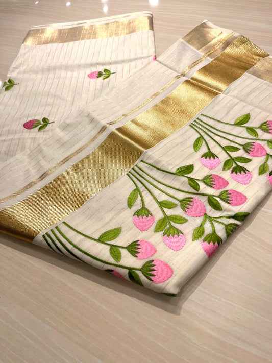 Pink Floral Cotton Lines Kerala Saree SL122