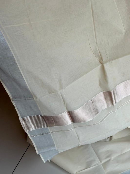 Kerala Plain Cotton Silver Kasavu 2 inch  Saree SL153