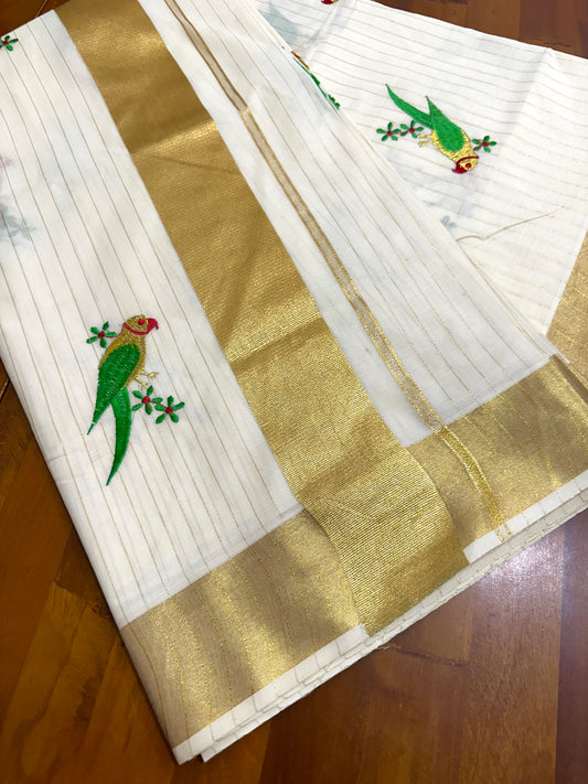 Southlooom Parrot Embroidery Kasavu Kerala Saree with Lines Across Body 🦜