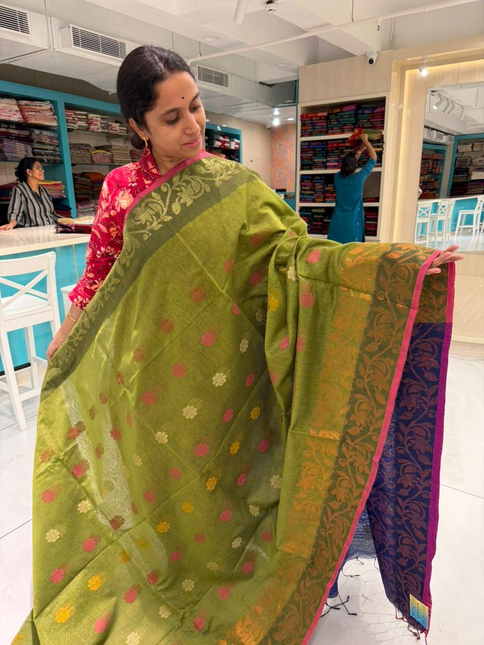 Blue & Olive Green Jamdani Zari Work Saree SL157