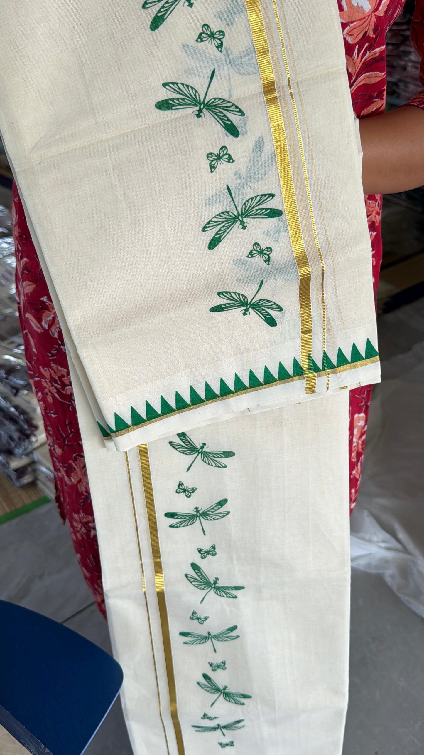 Cotton Thumbi Temple Print Set Mundu SL151 (2.80 Neriyathu)