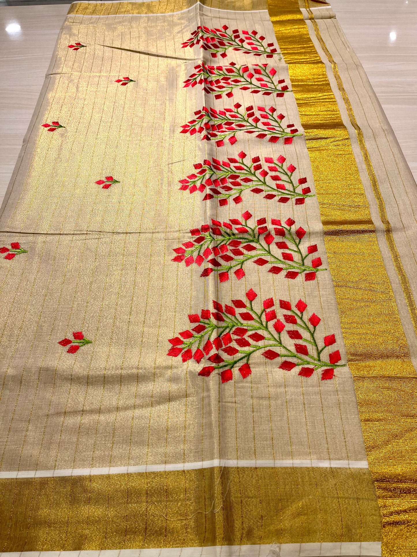 Kerala Tissue Saree With Red & Green Embroidery SL145