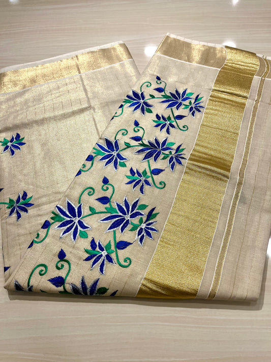 Kerala Tissue Saree With Blue Floral Embroidery SL144