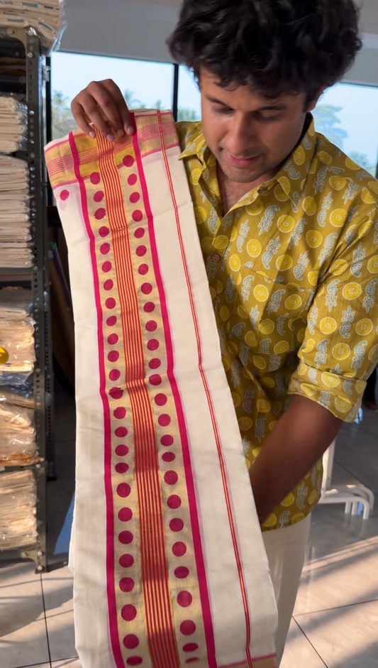 Kerala Cotton Pink Polkka Set Mundu SL210