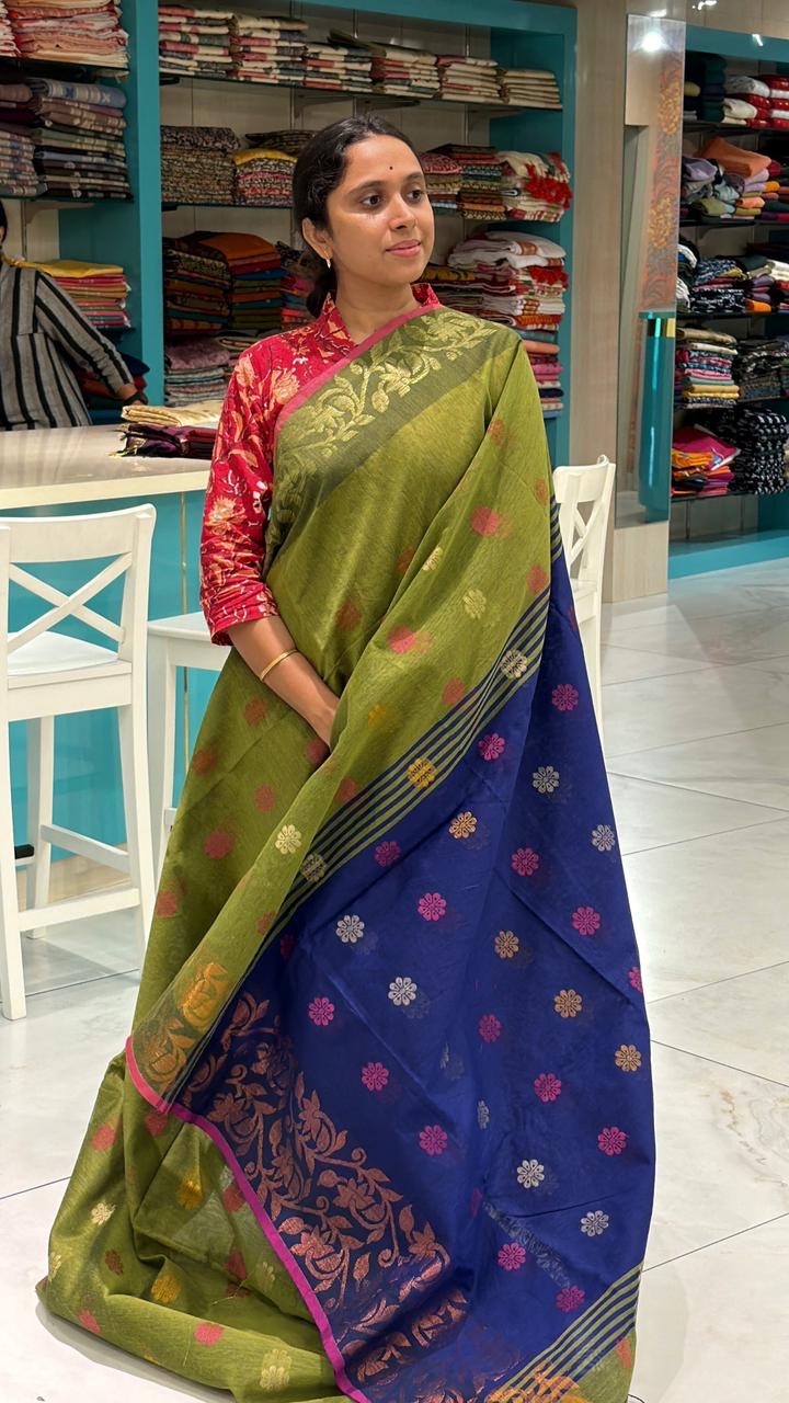 Blue & Olive Green Jamdani Zari Work Saree SL157