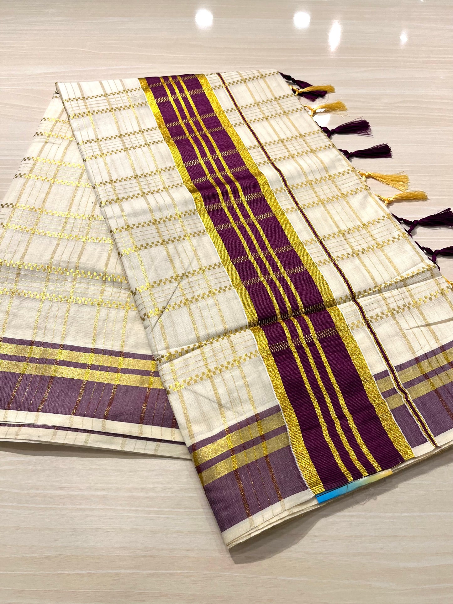 Cotton Check Purple Saree SL141