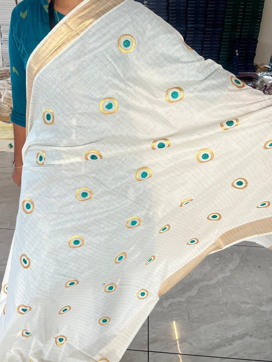 Kerala Cotton Lines Saree With Turquoise Polka SL162