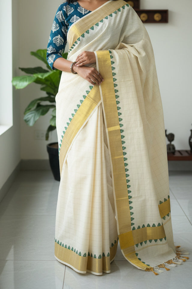 Kerala Cotton Check Saree With Tassels SL179