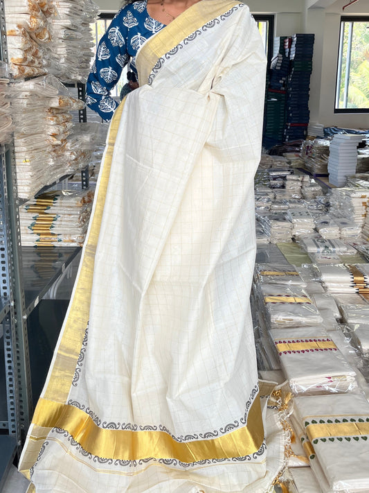 Kerala Cotton Check Saree With Tassels SL179