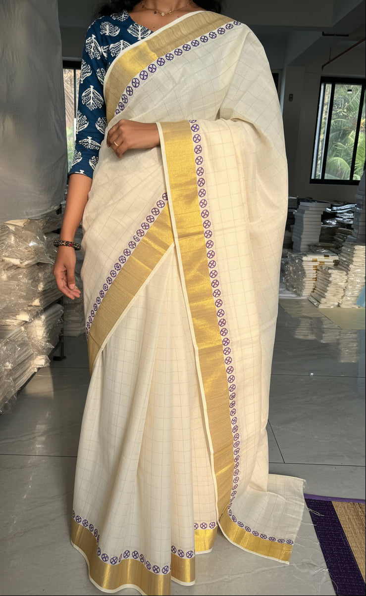 Kerala Cotton Check Printed Saree Without Tassels SL165