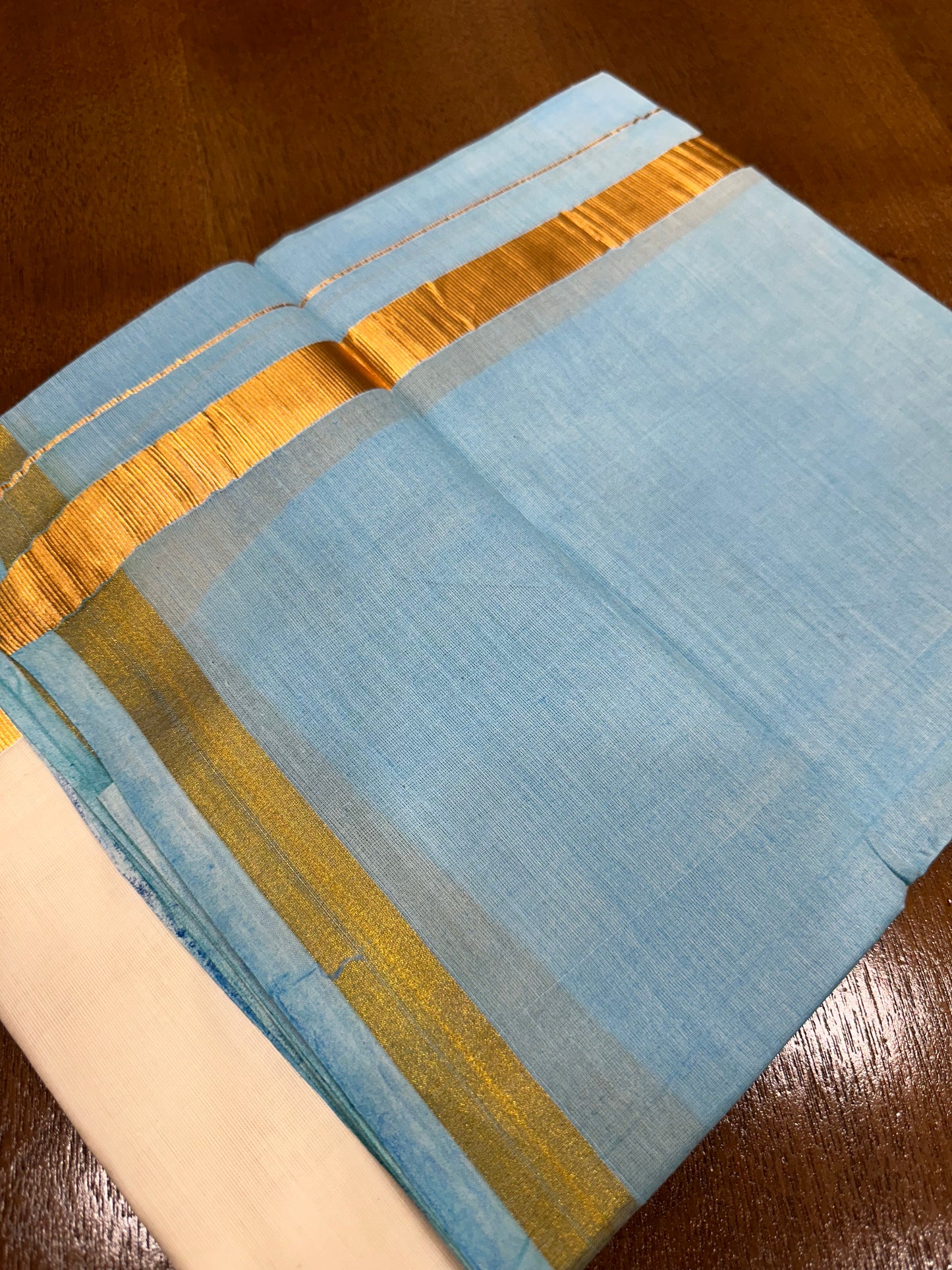 Southloom Tie & Dye - Half & Half  Multi Colour Light Blue Design Cotton Kerala Double Mundu with Kasavu Border (South Indian Kerala Dhoti)