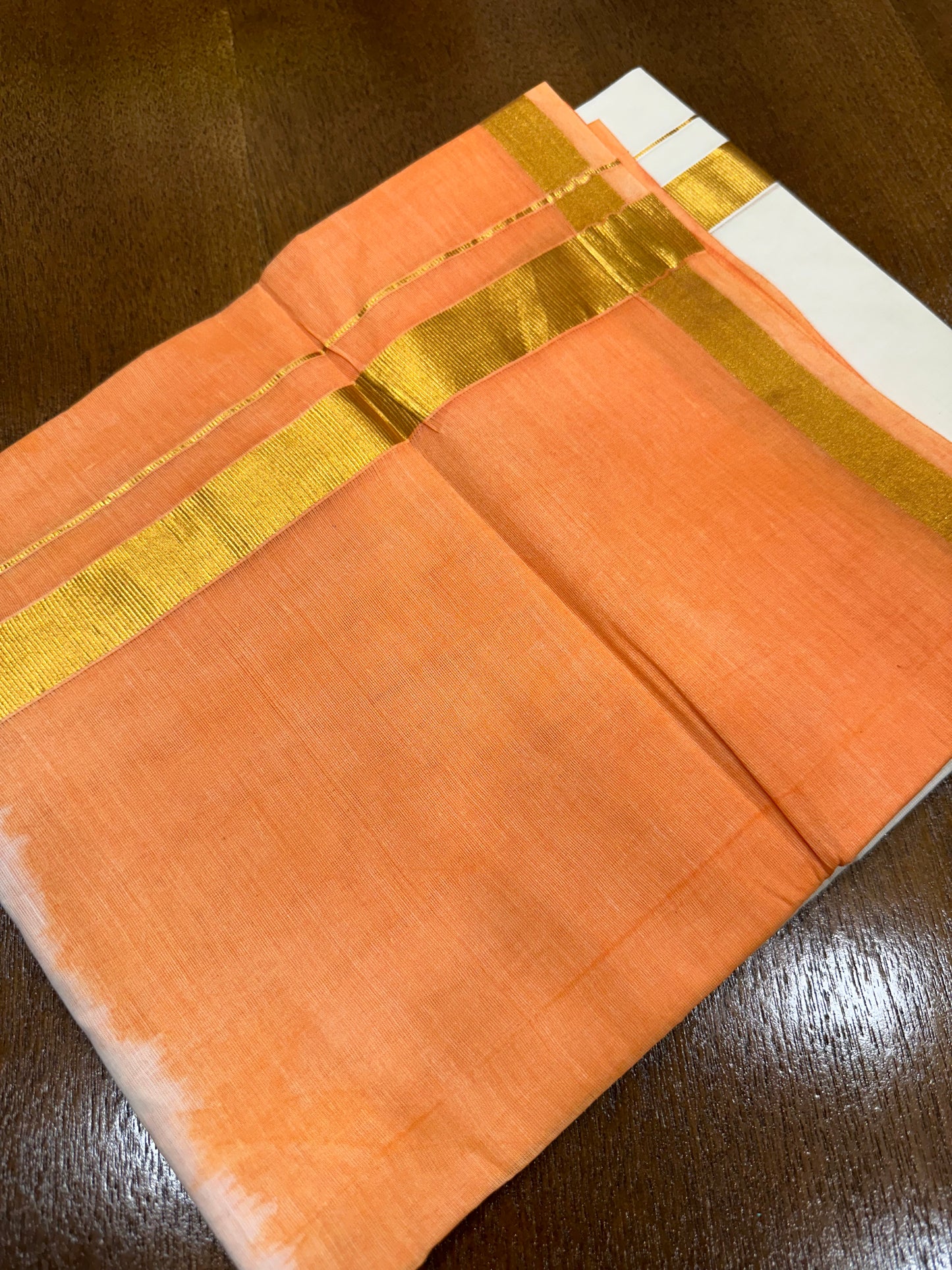 Southloom Tie & Dye - Half & Half  Multi Colour Orange Design Cotton Kerala Double Mundu with Kasavu Border (South Indian Kerala Dhoti)