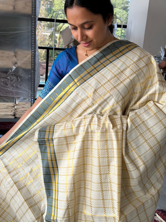Cotton Check Green Saree SL142