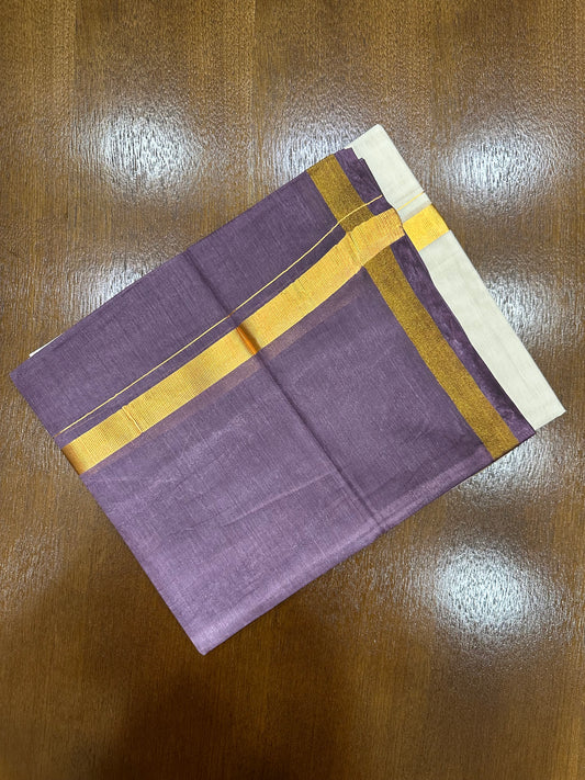 Southloom Tie & Dye - Half & Half  Multi Colour Purple Design Cotton Kerala Double Mundu with Kasavu Border (South Indian Kerala Dhoti)