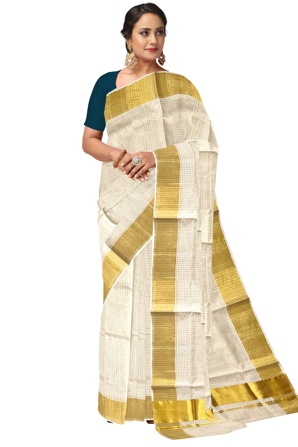 Southloom Handloom Premium Kerala Cotton Saree with Kasavu Micro Check Design Body