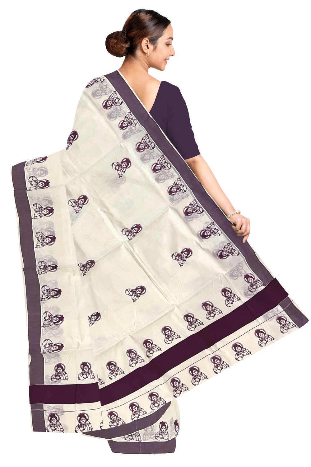 Pure Cotton Kerala Saree with Purple Krishna Block Printed Border (Onam Saree 2023)