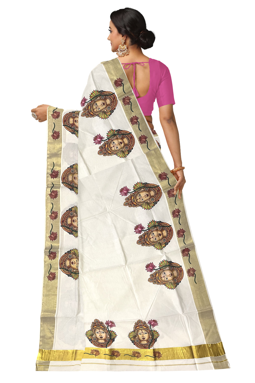 Pure Cotton Kerala Kasavu Saree with Krishna Mural Printed Design (Onam Saree 2023)