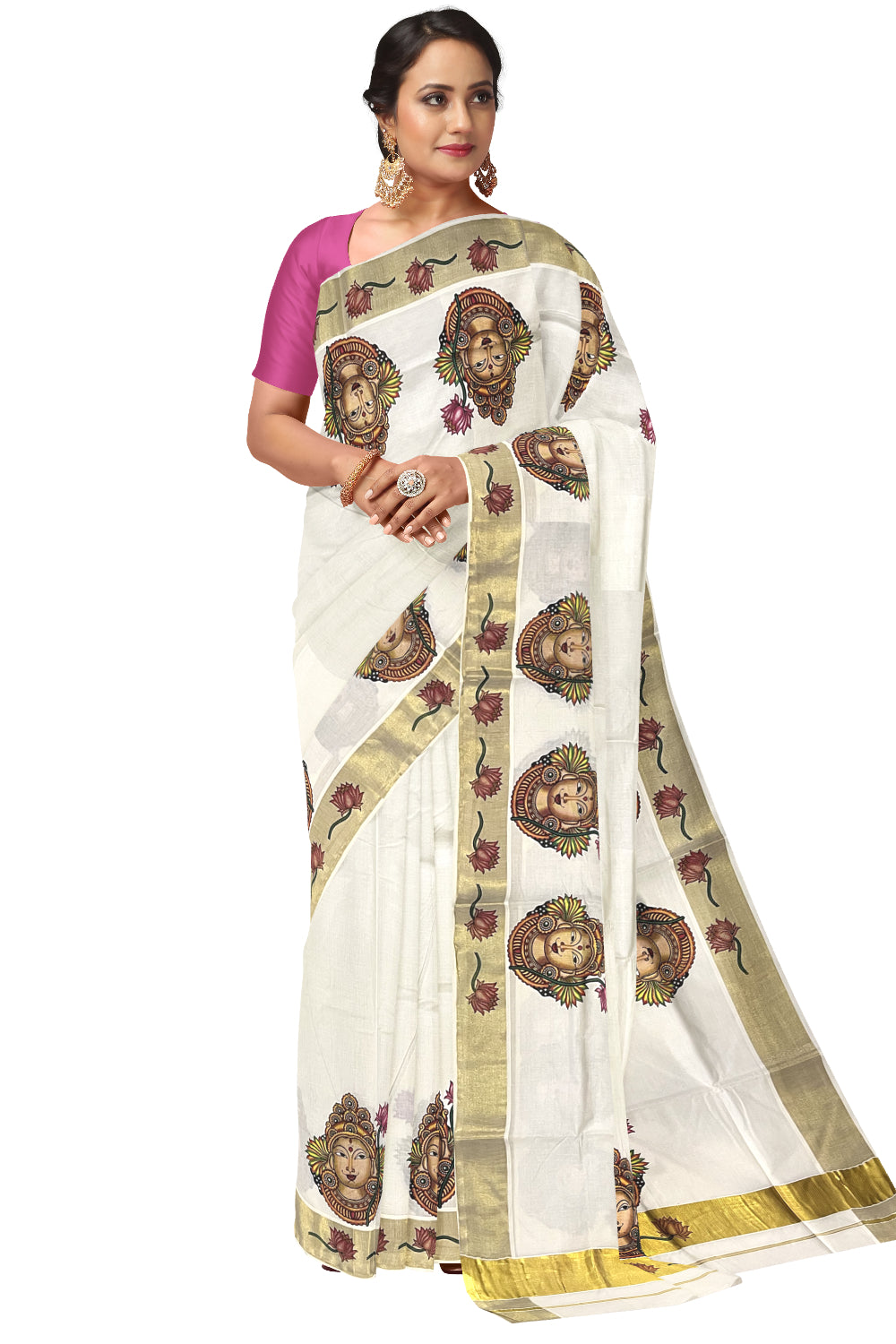 Pure Cotton Kerala Kasavu Saree with Krishna Mural Printed Design (Onam Saree 2023)