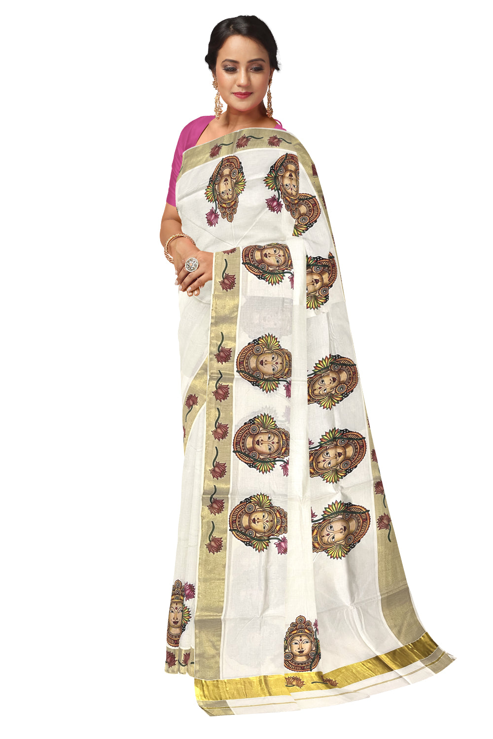 Pure Cotton Kerala Kasavu Saree with Krishna Mural Printed Design (Onam Saree 2023)