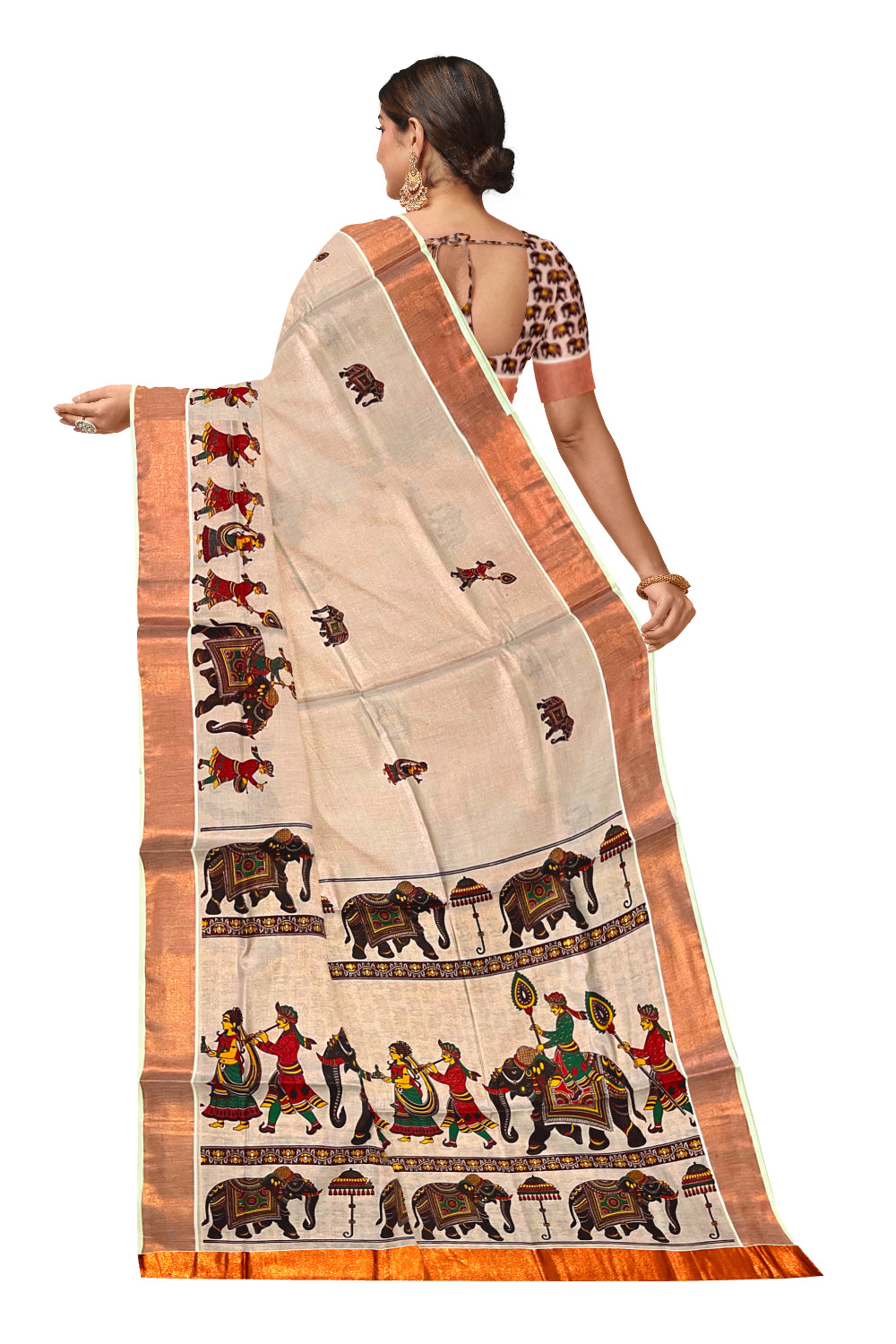 Kerala Copper Tissue Kasavu Saree With Mural Festival Parasol and Elephant Design (include Printed Running Blouse)