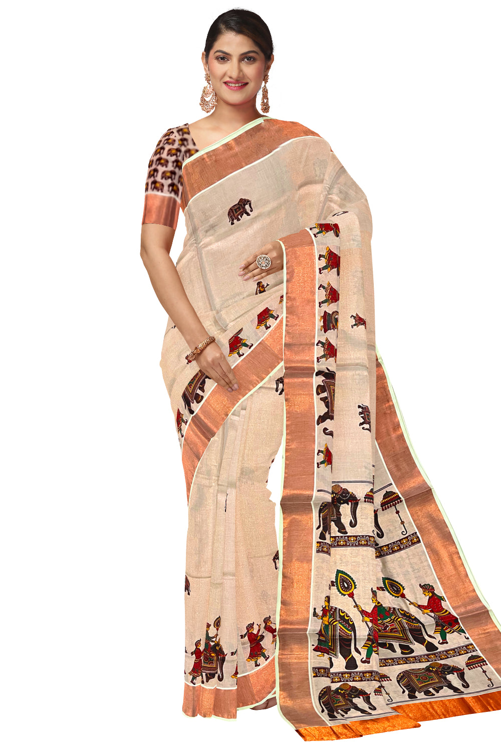 Kerala Copper Tissue Kasavu Saree With Mural Festival Parasol and Elephant Design (include Printed Running Blouse)