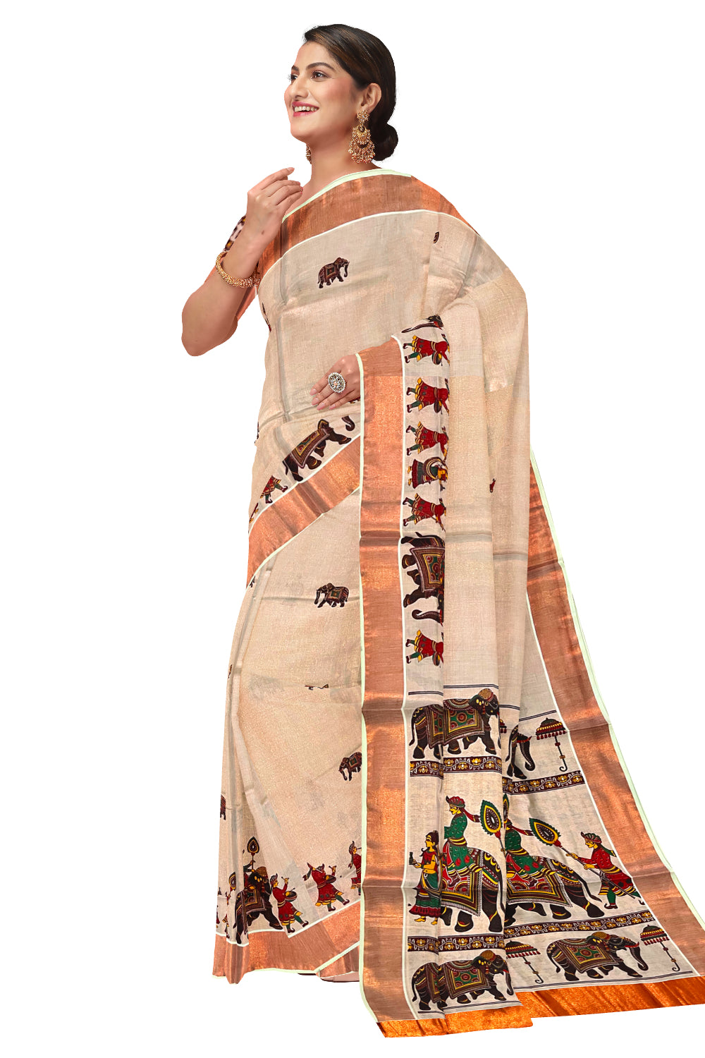 Kerala Copper Tissue Kasavu Saree With Mural Festival Parasol and Elephant Design (include Printed Running Blouse)