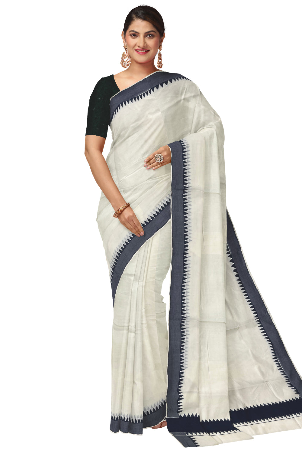 Kerala Pure Cotton Saree with Navy Blue Temple Block Prints on Border